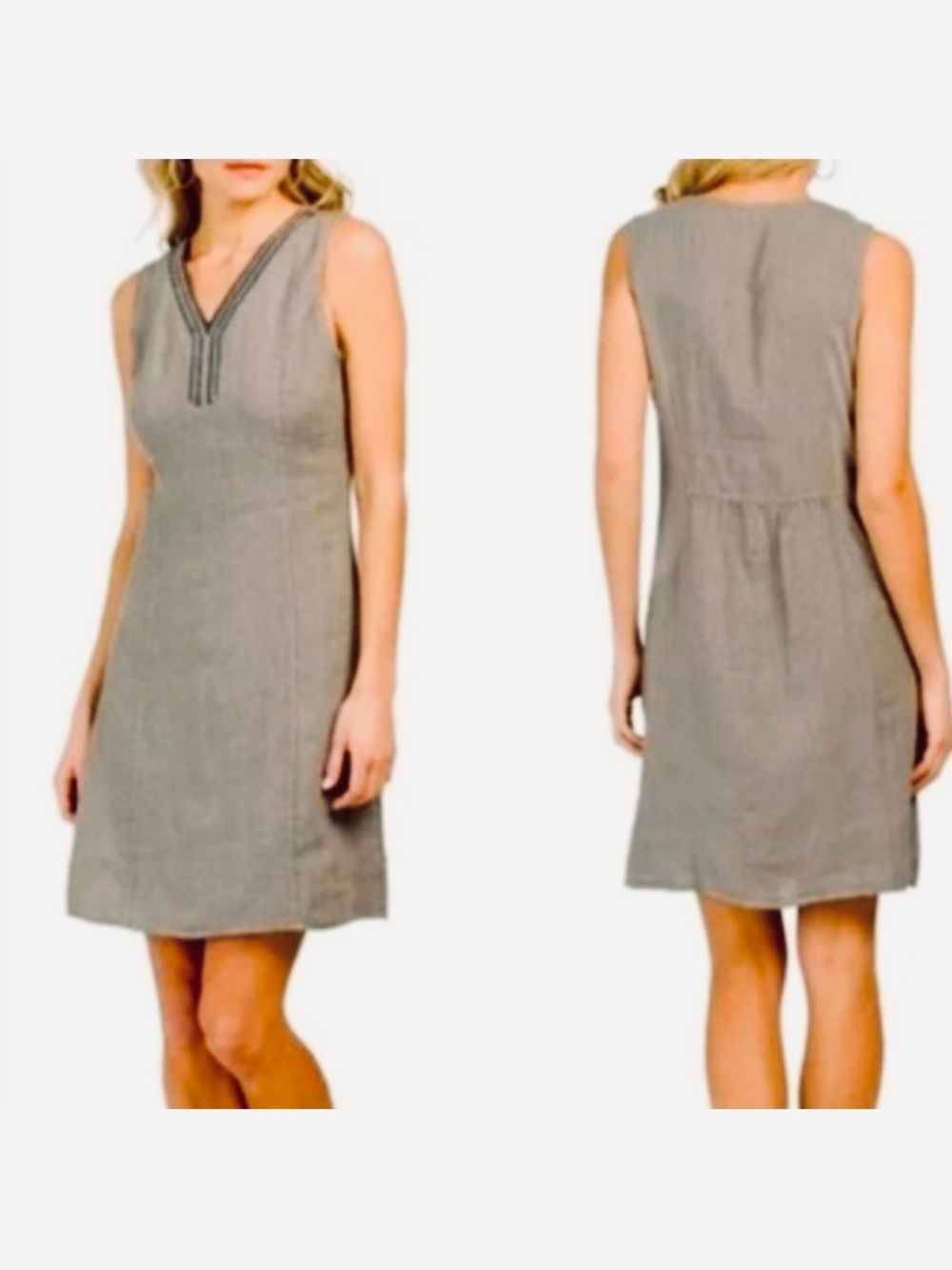 Lina Tomei Linen Sleeveless V-Neck Shift Dress Light Gray, Rhinestone Trim Sz S